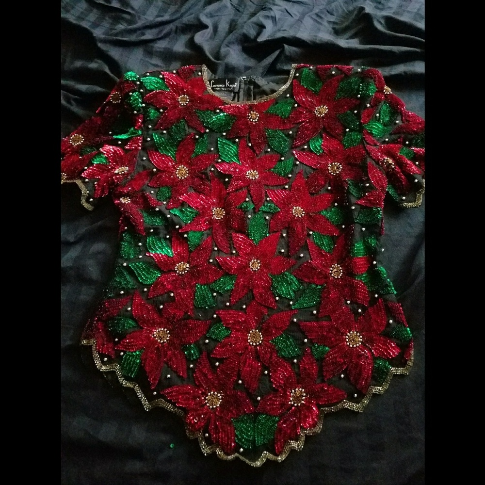 Black and red silk sequin poinsettia top